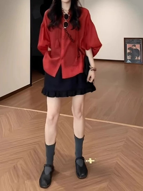 Qadın üçün yüksək keyfiyyətli qırmızı günəşdən qoruyucu köynək, nazik və böyük ölçülü, geniş, dörddə üç hissəli qol, retro Çin üslublu top.