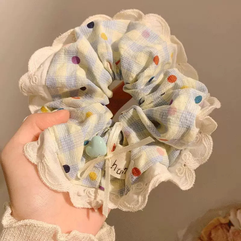 Qadınlar üçün romantik dopamin yaylı polka nöqtəli qalın bağırsaq saç halqası, yüksək səviyyəli Koreya üslublu şirin boş at quyruğu başlı ip saç aksesuarı