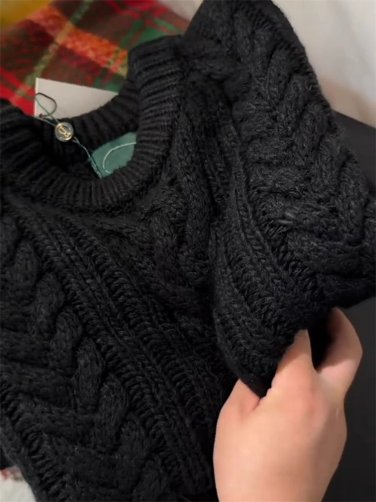 Avropa üslubunda yüksək keyfiyyətli qara kabel toxunuşlu qalın yun toxunuşlu top, payız və qış Puyuan üslubunda, boş və yumşaq sviter