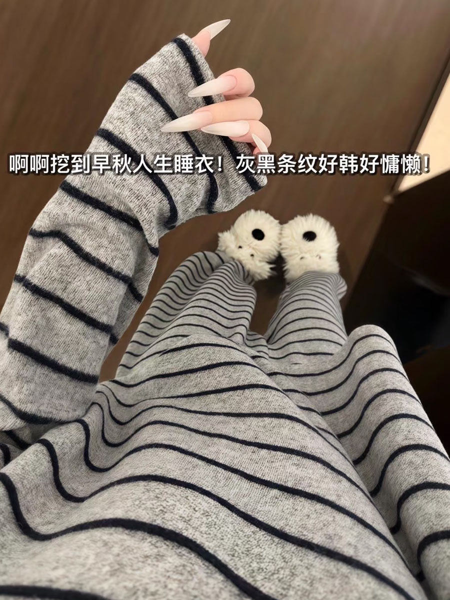 Koreya üslubunda qadınlar üçün sadə zolaqlı uzunqol pijamalar, payız və qış, fırçalanmış yun parçadan, isti və qalınlaşdırılmış ev geyimləri dəsti.