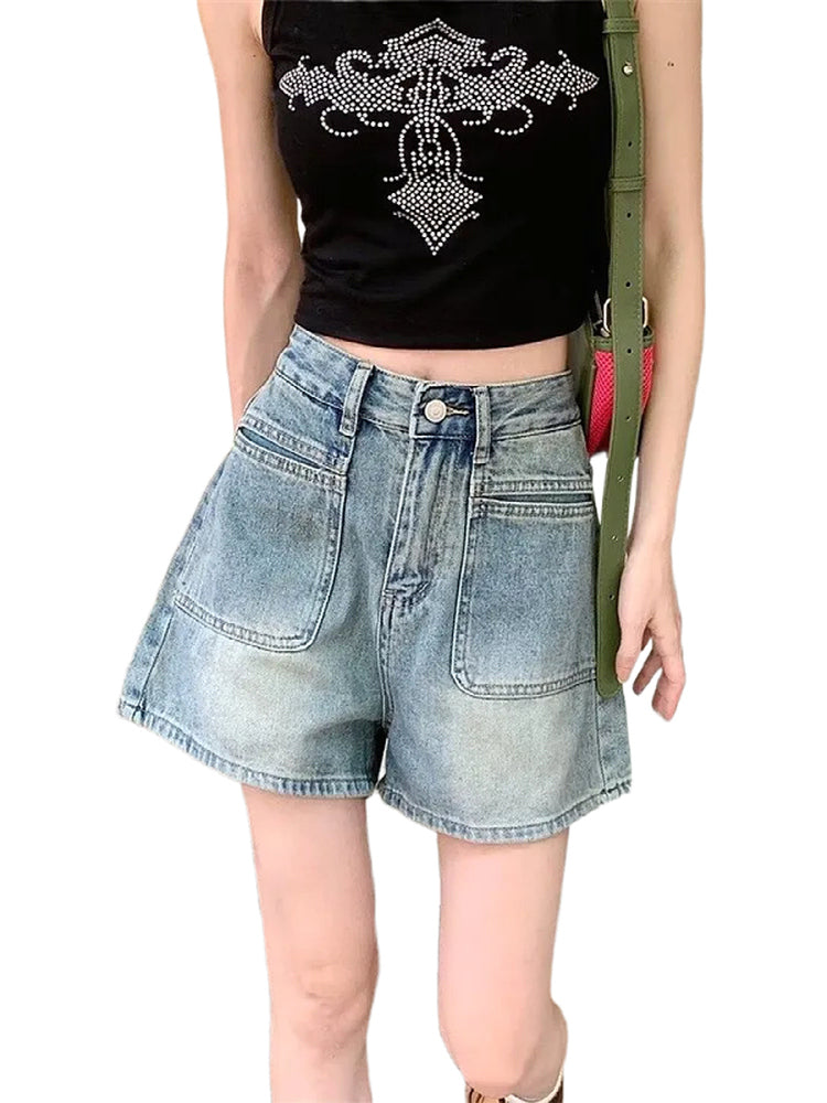 2026-cı il yayında qadınlar üçün yeni retro yüksək belli denim şortlar, arıqladıcı, geniş ayaqlı A-xəttli isti şalvar