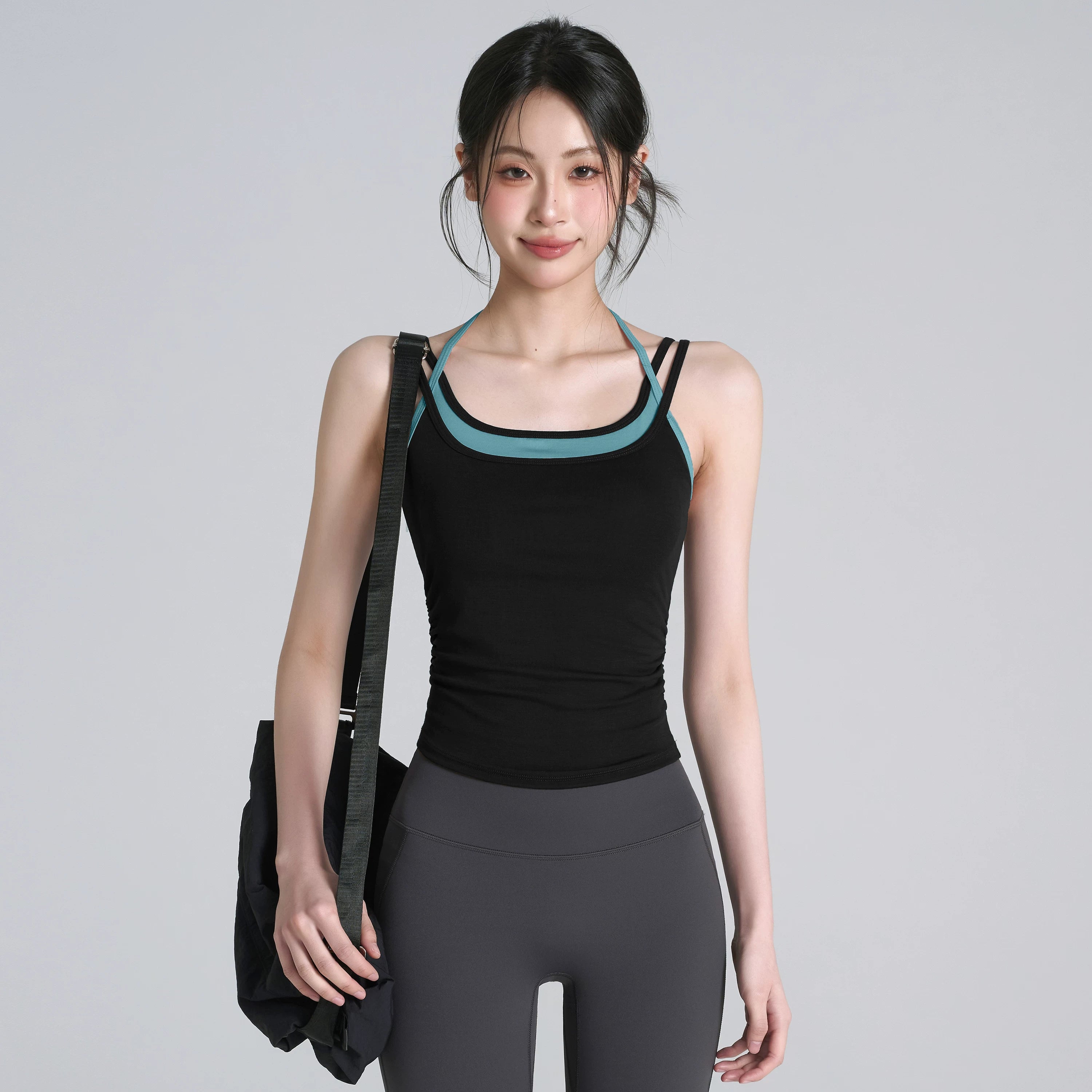 Lan naxışlı yoqa geyimi jilet idman büstqalteri qadınlar üçün sinə yastığı ilə rəngi bloklanmış zərbəyə davamlı fitnes büstqalteri Pilates top yay