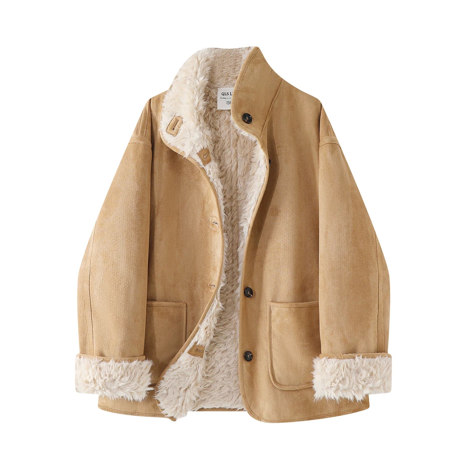 Cholisa-nın qadınlar üçün super şirin payız/qış zamşa paltosu, quzu yunundan hazırlanmış, geri çevrilə bilən, orta uzunluqlu model.