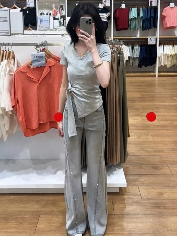 Yay üçün qadınlar üçün yüksək keyfiyyətli, ağır daşlarla bəzədilmiş şalvarlar, böyük ölçülü, yüksək belli, geniş bədən formasında, arıqladıcı düz ayaqlı şalvar.