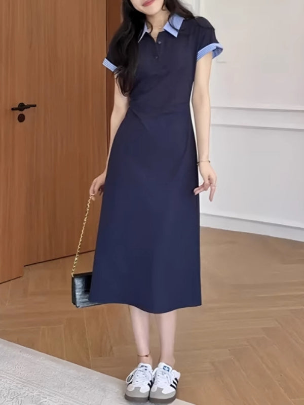 Böyük ölçülü yay Koreya üslubunda qadın üçün rəngli bloklu polo yaxalıqlı don, nazik, yüksək belli, arıqladıcı, bədən quruluşuna uyğun uzun don.