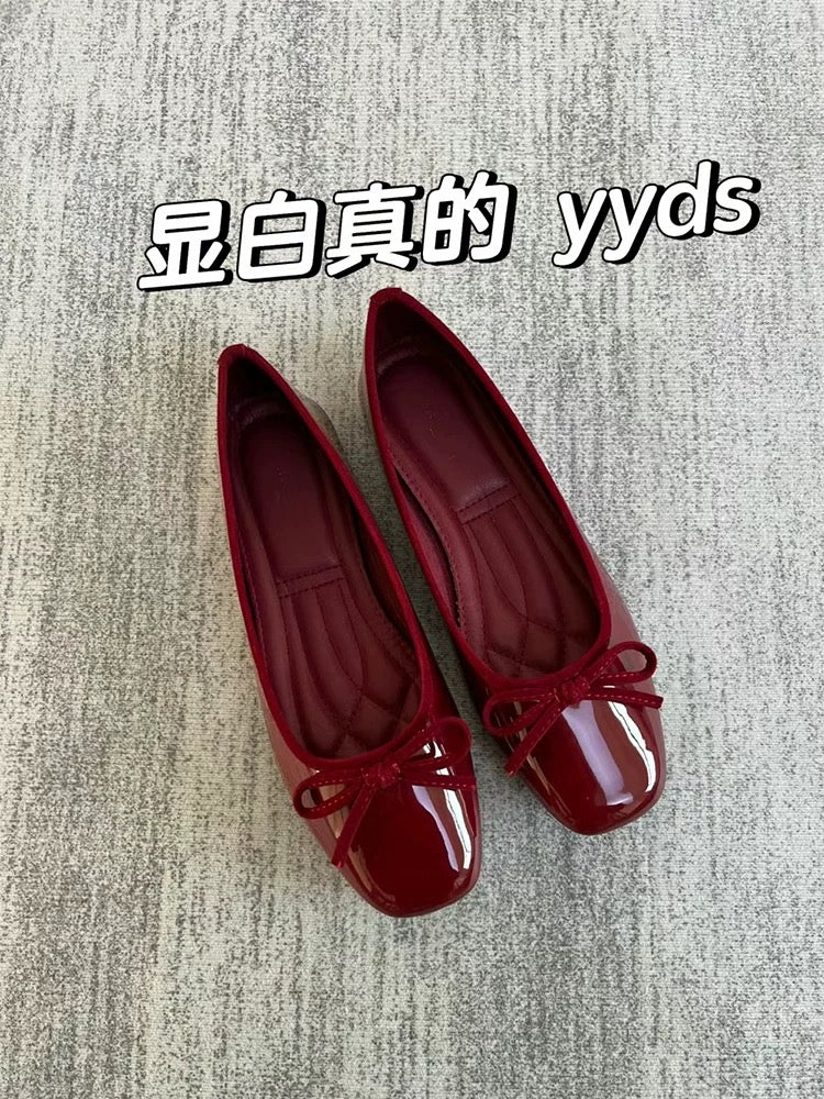Women's French retro red ballet flats, soft leather, tie, low-cut, granny shoes