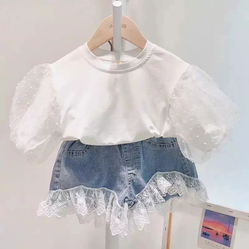 Uşaq Geyimləri Dəsti Yeni Yay Qızlar üçün Moda Krujeva Bluz Top &