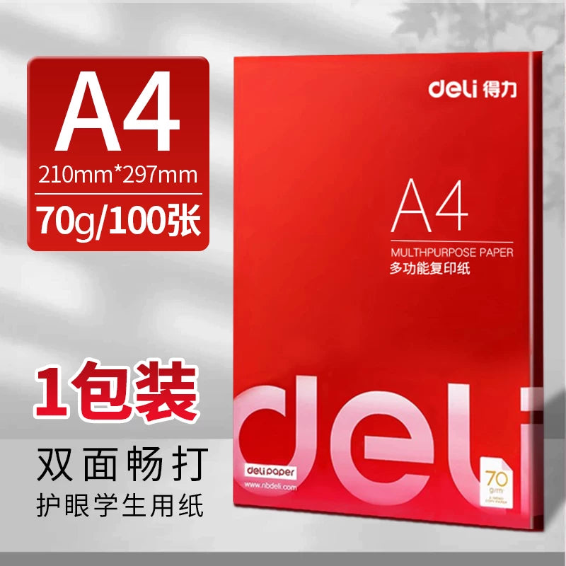 Deli A4 çap kağızı surət kağızı tək paket/tələbə məlumatı üçün 100 vərəq qalınlaşdırılmış qaralama kağızı çap qaralama kağızı bütün paket a4 ağ kağız ofis çap kağızı ofis ləvazimatları 70 q topdansatış münasib paket