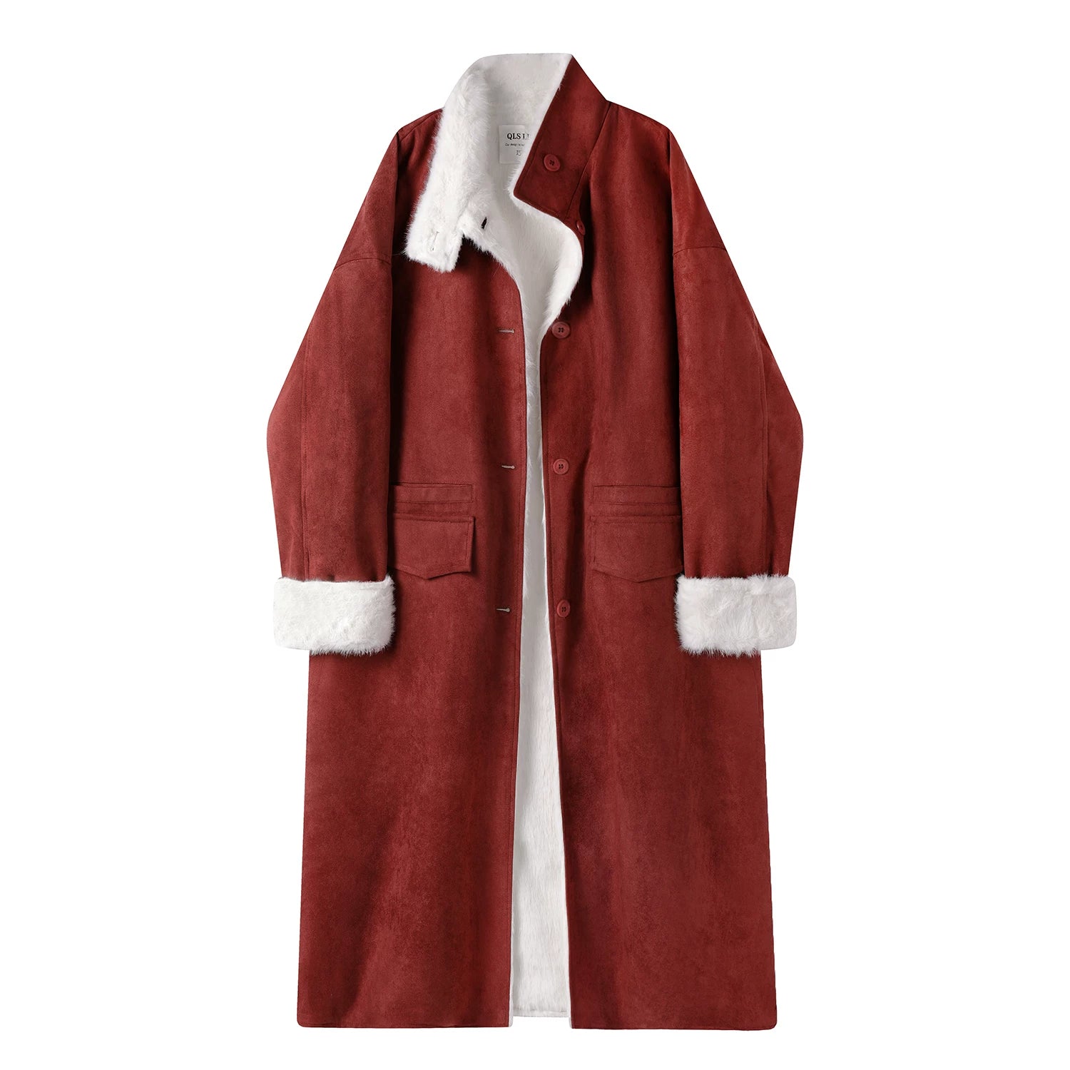 Cholisa-nın qış üçün mükəmməl olan super şirin qırmızı zamşa yun astarlı paltosu, zərif və geri çevrilə bilən uzun model.