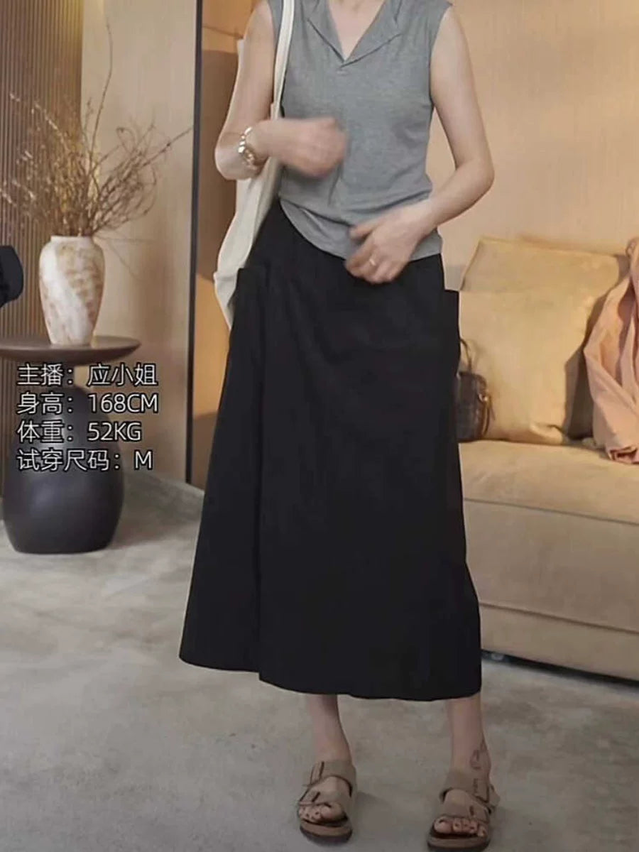 Bir az dolğun qızlar üçün böyük ölçülü yay geyimləri, geniş, düz ayaqlı şalvar/ətək, yüksək belli A-xəttli gündəlik ətək/şalvar