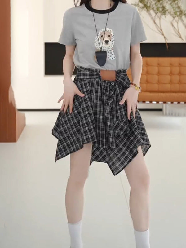 Retro dama-dama midi ətək, yeni 2026 yay üslubunda, böyük ölçüdə, yüksək belli, arıqladıcı, nizamsız A-xəttli qısa ətək.