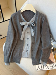 Payız və qış üçün geniş və rahat toxunma üslubda, qalstuklu, Koreya üslubunda iki hissəli sviter kardiqan.
