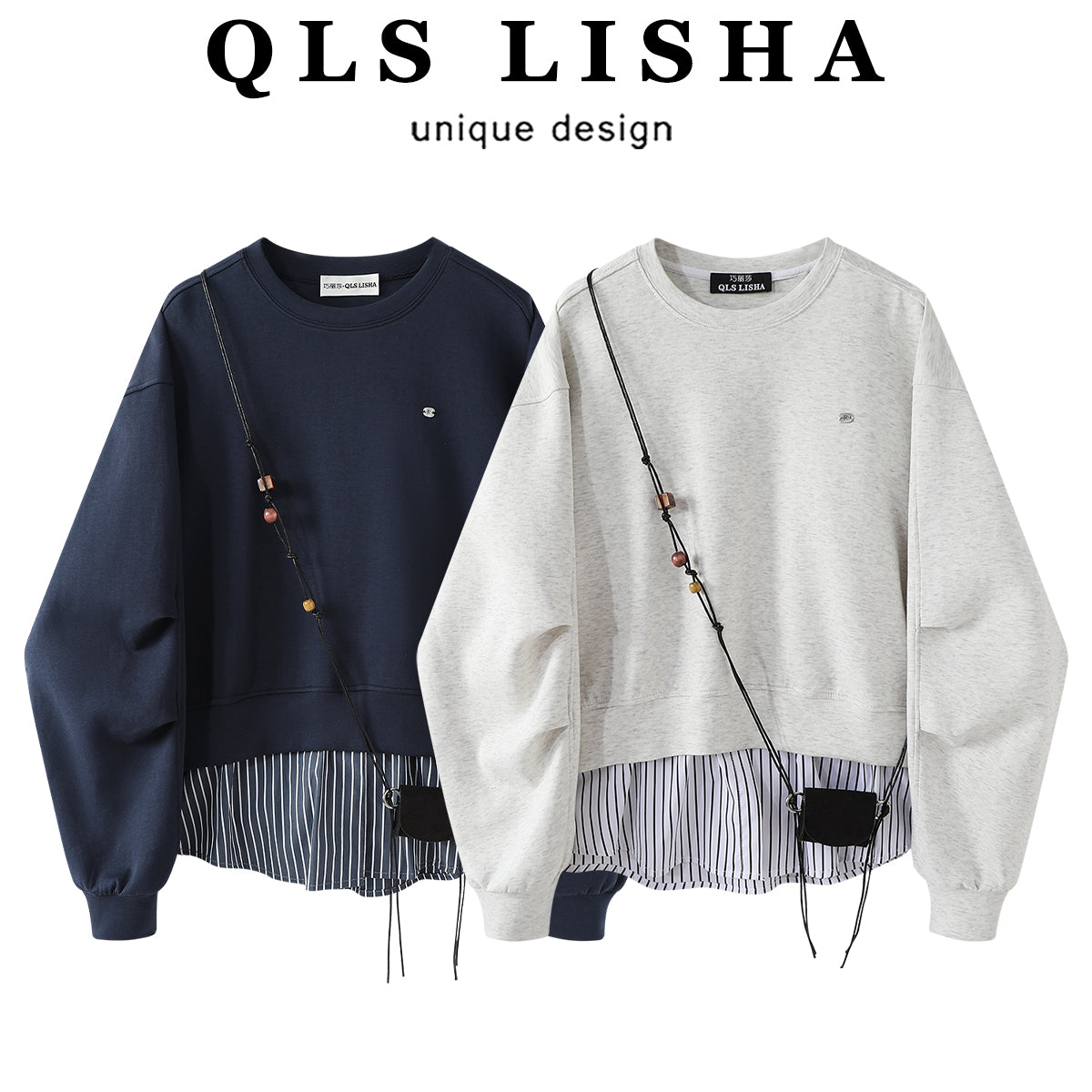 Chorissa Amerika üslubunda dəyirmi yaxalı uzunqol sviter, erkən yaz və payız iki hissəli boş zolaqlı köynək, yamaqlı gündəlik top.