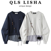 Chorissa Amerika üslubunda dəyirmi yaxalı uzunqol sviter, erkən yaz və payız iki hissəli boş zolaqlı köynək, yamaqlı gündəlik top.