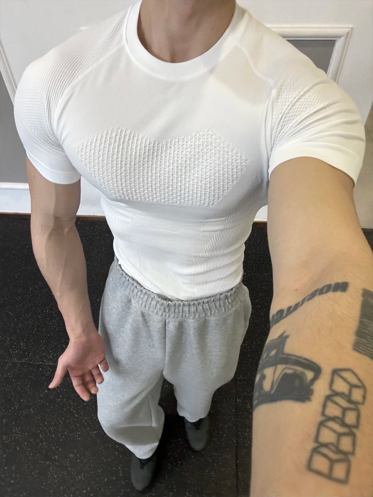 GYM elastik peşəkar fitness geyimi tikişsiz qısaqol idman köynəyi kişi qaçış məşqi tez quruyan sıxılma sıx açıq geyim