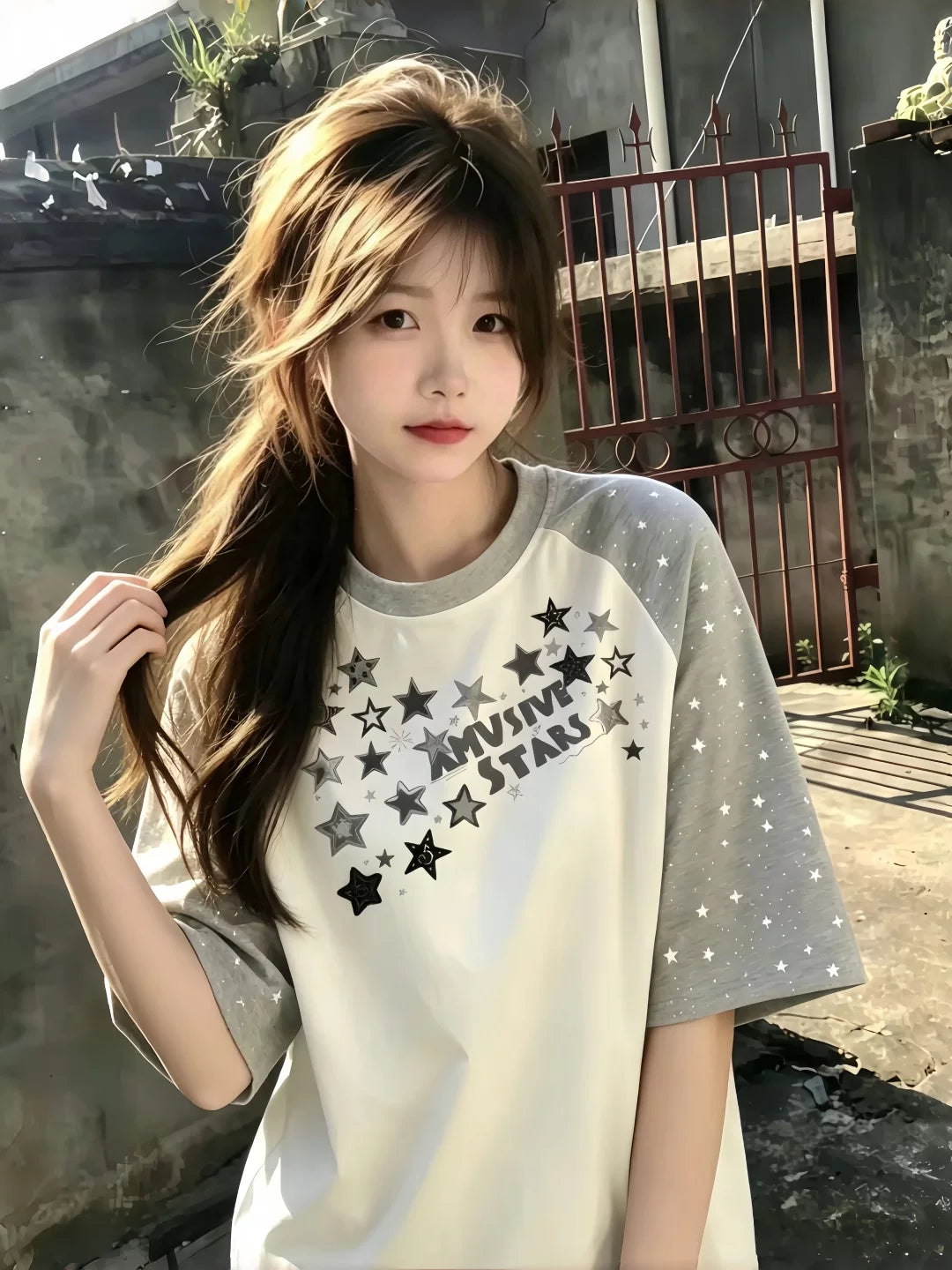 Yayda qızlar və oğlanlar üçün Koreya üslublu ulduz rəqlan qollu qısaqol köynək, orta məktəb və orta məktəb şagirdləri üçün boş dizayn.