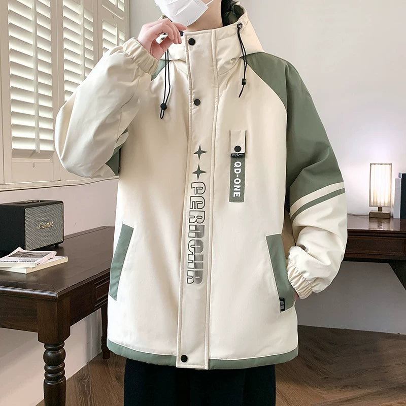 Yun astarlı və qalınlaşdırılmış kişi pambıqlı palto, dəbli Koreya üslubunda başlıqlı pambıqlı gödəkçə, şık, çox yönlü və isti kişi pambıqlı geyimləri