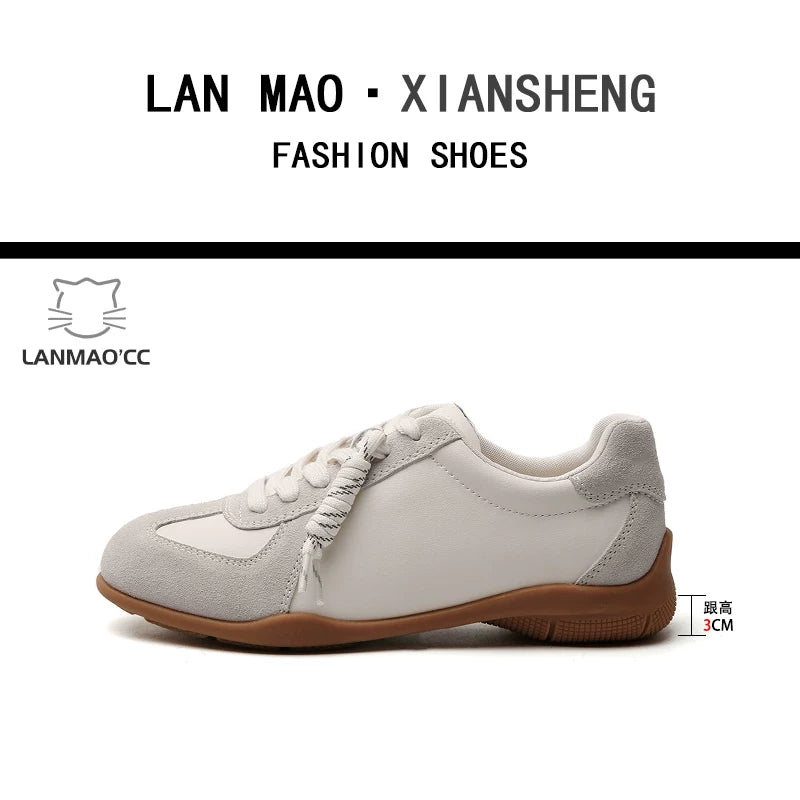 Super soft lambskin~ Maillard brown German sneakers for women, hidden wedge heel, 2025 fall new fashion, lace-up casual shoes.