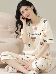 Saf pambıq pijama qadın yay qısaqol qısaldılmış şalvar 2026 yeni qadın yay ev geyimi dəsti sinə yastiqciqları ilə