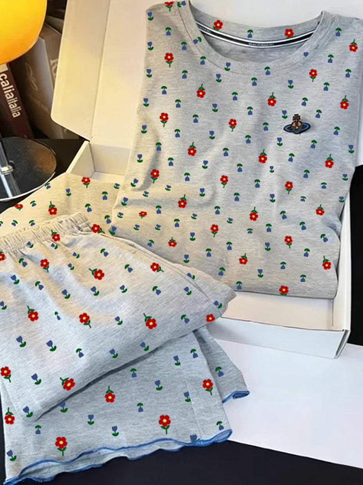 Qadınlar üçün retro çiçəkli pijama yay 2026 yeni şirin böyük ölçülü qısaqol şalvar yay təmiz pambıq ev paltarı dəsti