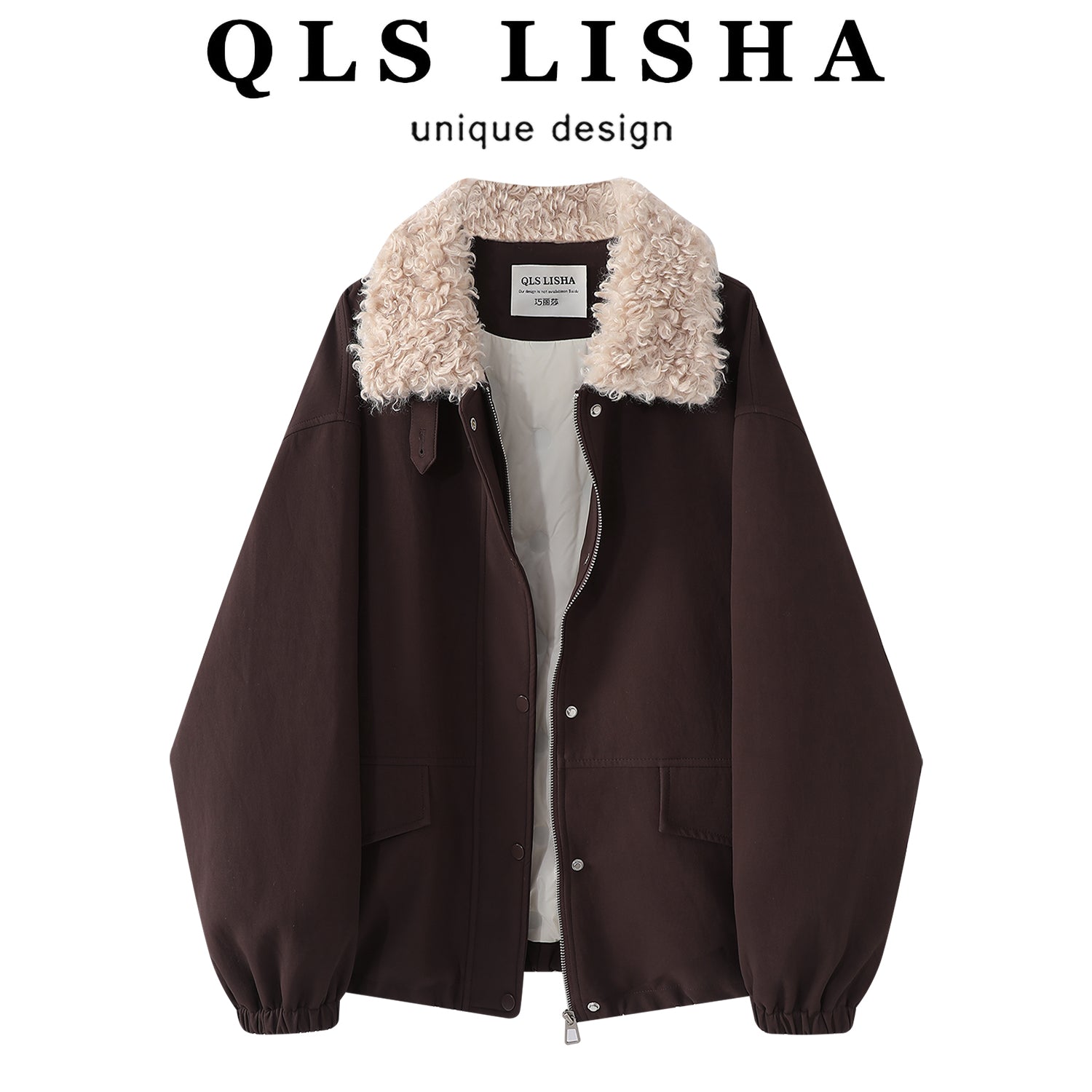 Cholisa'nın 2025-ci ilin payız/qış mövsümü üçün qadınlar üçün Koreya üslubunda yüksək keyfiyyətli dəri gödəkçə, yaxalıqlı, qalın palto və quzu yunundan hazırlanmış aşağı gödəkçə.