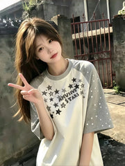 Yayda qızlar və oğlanlar üçün Koreya üslublu ulduz rəqlan qollu qısaqol köynək, orta məktəb və orta məktəb şagirdləri üçün boş dizayn.