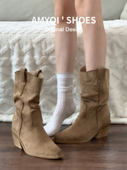 Dəri versiyası! Zhao Lusi-nin eyni stildə gizli pazlı Qərb kovboy topuq çəkmələri, qadın 2025-ci il yeni retro qalın dabanlı büzməli çəkmələr.