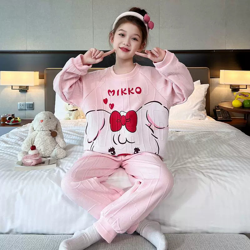 My Melody Qızları üçün Təmiz Pambıq Ev Geyimi, Payız və Qış, Böyük Uşaqlar üçün Üç Qatlı Yorğanlı Qalın İsti Pijamalar, Şirin Dəst