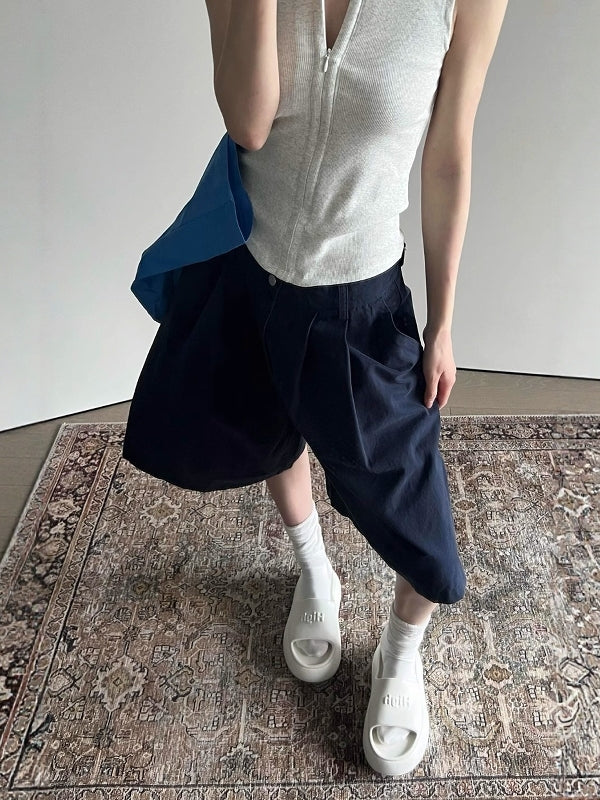 Qadınlar üçün böyük ölçülü tünd göy rəngli gündəlik denim şort, yay stili, arıqladıcı, yüksək belli, enli ayaqlı gündəlik şalvar.