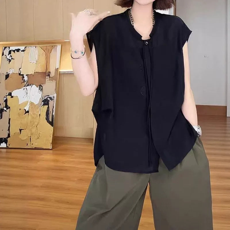 Qadınlar üçün böyük ölçülü, şık və zərif qalstuklu bluzka, yeni yay stili, geniş formalı, arıqladıcı, çoxfunksiyalı qısaqol köynək.