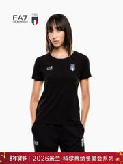 EMPORIO ARMANI EA7 Qış Yeni Qadın Dəyirmi Yaxalı Dartılan Pambıq Qısa Qollu İdman Məşq Köynəyi