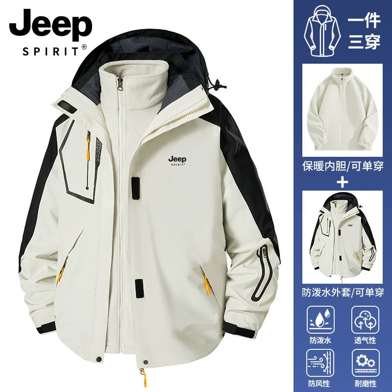 JEEP Kişilər üçün 2025-ci il Yeni Model Yaz, Payız və Qış Üçlü Birdə Yun Astarlı Qalın Kişi Üst Geyimləri