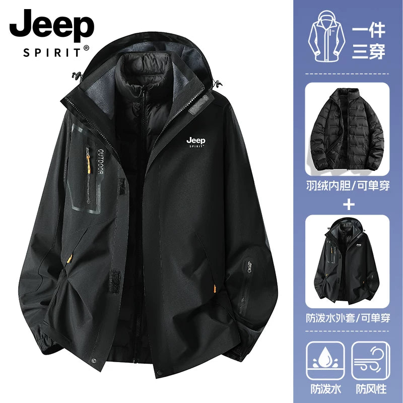 JEEP Kişilər üçün 2025-ci il Yeni Model Yaz, Payız və Qış Üçlü Birdə Yun Astarlı Qalın Kişi Üst Geyimləri