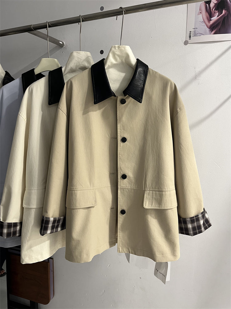 2025 Payız Qadınlar üçün Yeni Orta Uzunluqlu Trench Palto, Koreya üslubunda, Zərif Dizayner Dəri Polo Yaxalıq, Bükülmüş Qollar, Xaki Palto