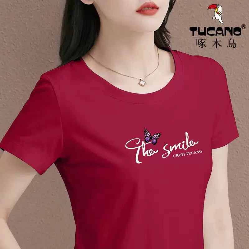 Clearance Pickup Woodpecker Mall Çıxarılır Yay Təmiz Pambıq Qısaqol Dəyirmi Yakalı Qadın T-shirti Böyük Ölçü Slim Fit Top