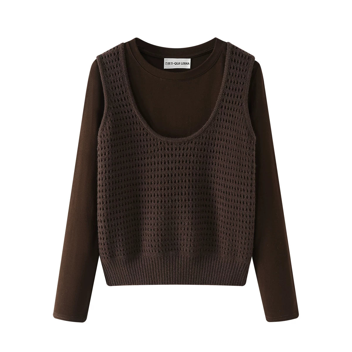 Chiao Lisa Miu üslubunda qadın jileti, yaz və payız boz rəngli uzunqol trikotaj, laylı, içi boş jilet iki hissəli dəst