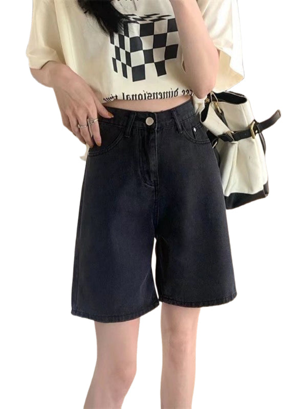 Qadınlar üçün böyük ölçülü qara qısa denim şortlar, yay üçün mükəmməl, yaraşıqlı armud formalı fiqurlar, yüksək belli, geniş bədən quruluşlu, düz ayaqlı stil.