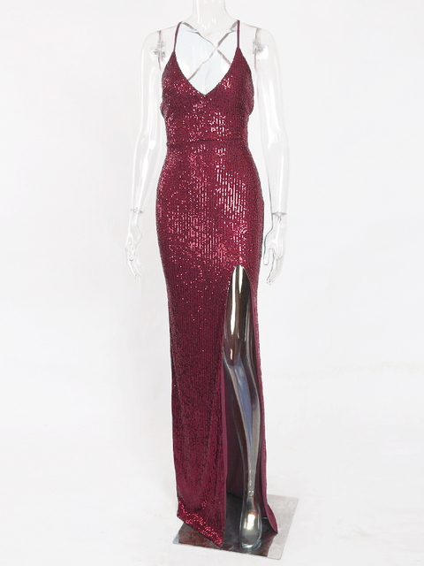 Seksual V Yaxalıq Bağcıqlı Payetli Kokteyl Əyləncə Donu Arxasız S