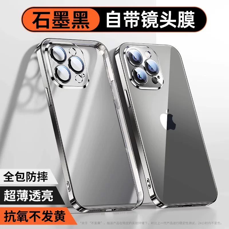 Apple 14 mobil telefon qutusu 15 yeni iphone 16 promax yüksək səviyyəli 13 üçün uyğundur, daxili lens filmi ilə 17pro kişi 12 şəffaf sadə və qadınlar üçün sərt qoruyucu örtük bir parça toz keçirməyən elektrokaplama