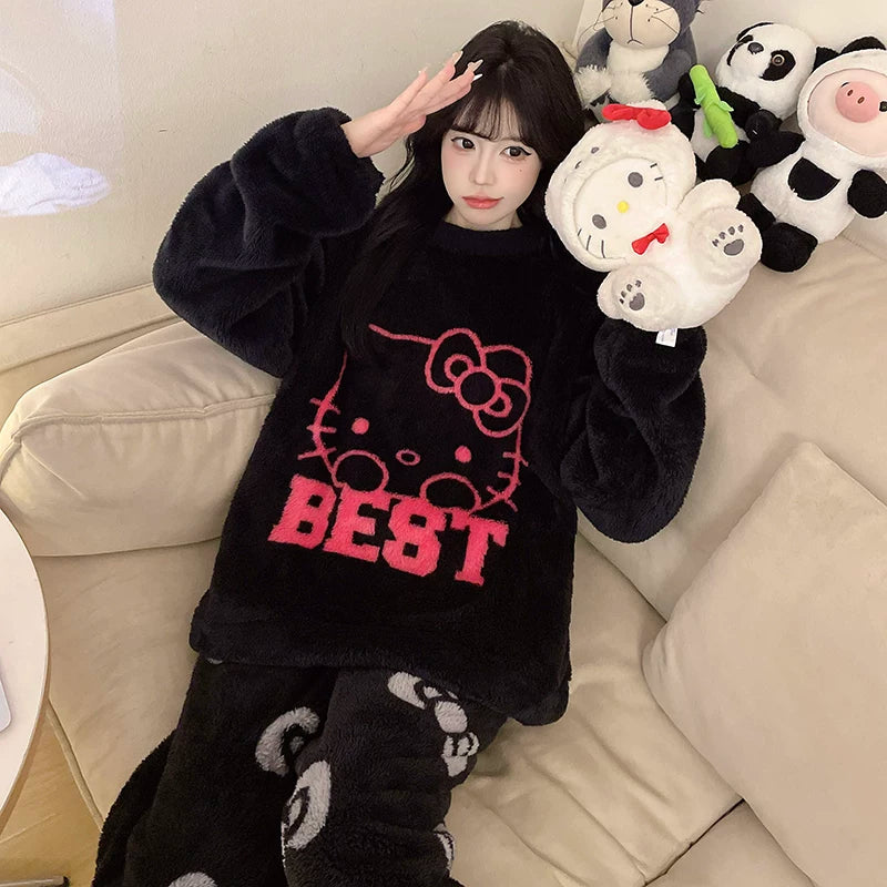 Cizgi filmi boz və qara pişik qış yeni mərcan yunlu pijama qadın yun astarlı və qalınlaşmış tələbə flanel ev geyimi xarici geyimlər