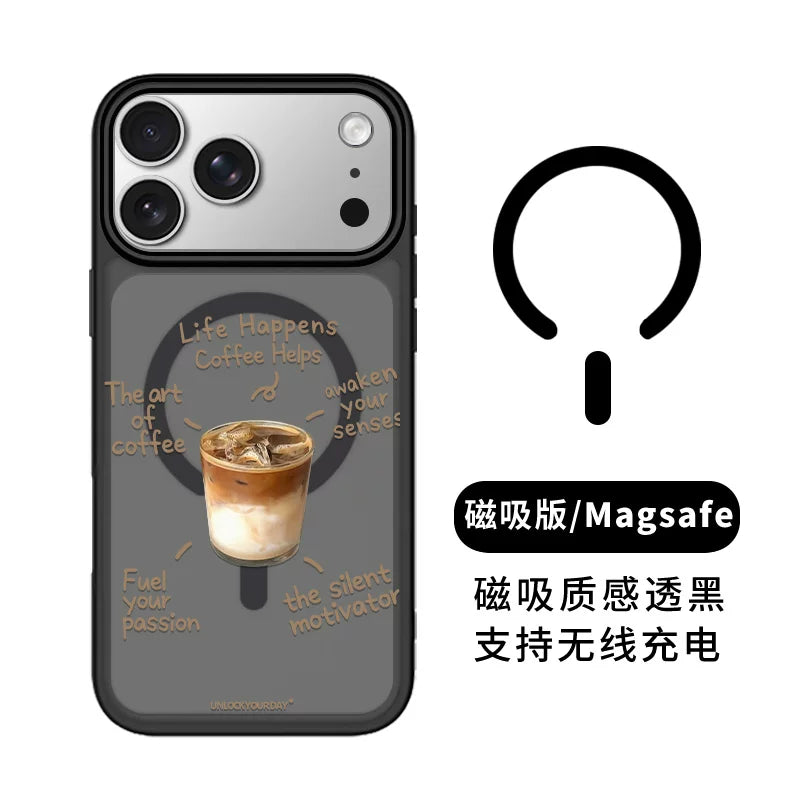 Bir fincan buz üçün uyğundur Amerika iPhone17promax mobil telefon qutusu Apple 16pro cüt Xiaomi 15pro maqnit 14 yeni stil 13 qara şəffaf niş yaradıcı sadə latte qəhvə 12