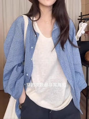 Qadın üçün dama-dama köynək, nazik model, 2026-cı ilin yayı üçün yeni model, böyük ölçüdə, Koreya stilində, geniş formada, yüksək səviyyəli hiss.