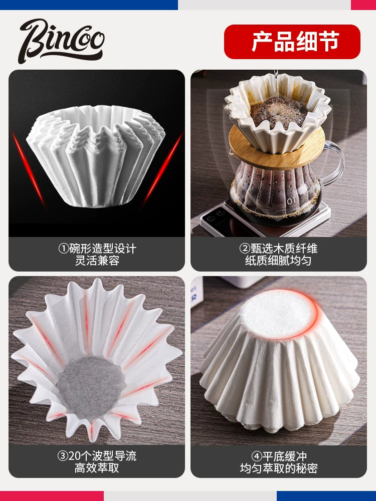Bincoo əllə dəmlənmiş qəhvə filtr kağızı V60 tort qabı filtr kağızı asma qulaq qəhvə filtri çantası universal dəyirmi 100 ədəd