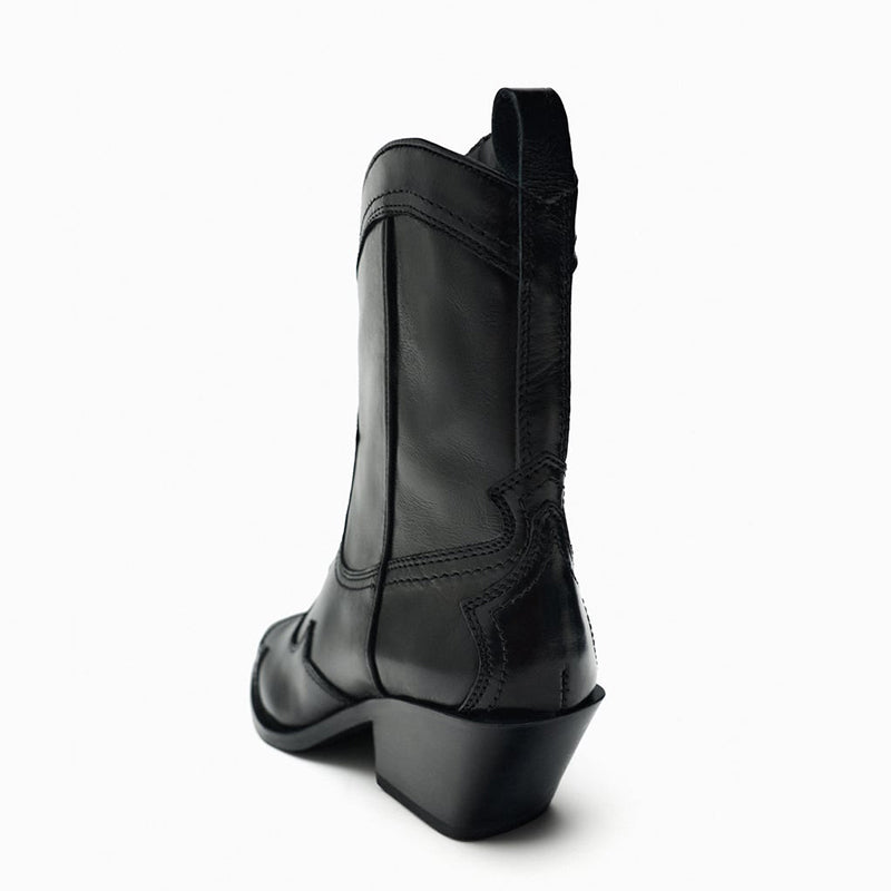 ZA2025 Yeni Orijinal Dəri Hündürdaban Qərb Kovboy Çəkmələri Retro Uclu Barmaqla İşlənmiş Hündürdaban Ayaq Biləyi Çəkmələri Qalın Dabanlı Martin Çəkmələri Qadınlar üçün