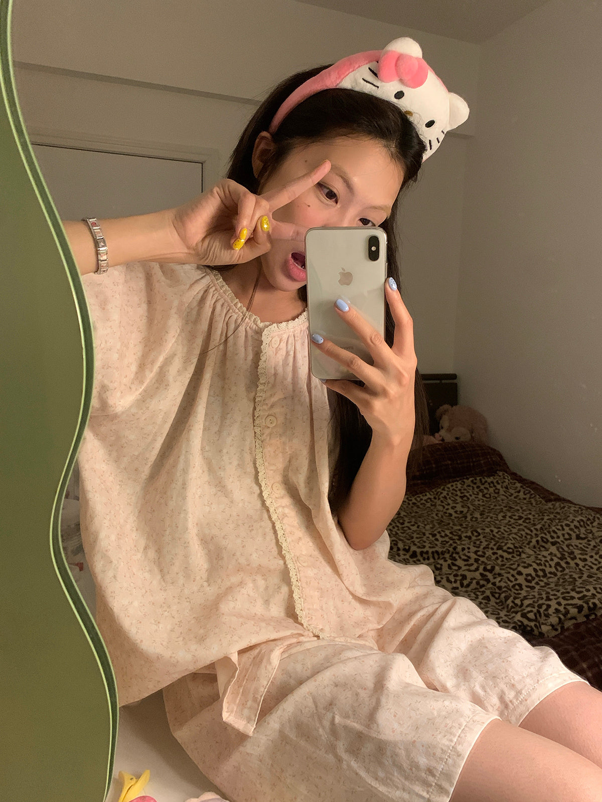 Xinbangbang Homedress Fransız Çiçəkli Krujeva Pijama Qadın Yay Dəyirmi Boyun Hırka Qısaqol Ev Geyimi Dəsti
