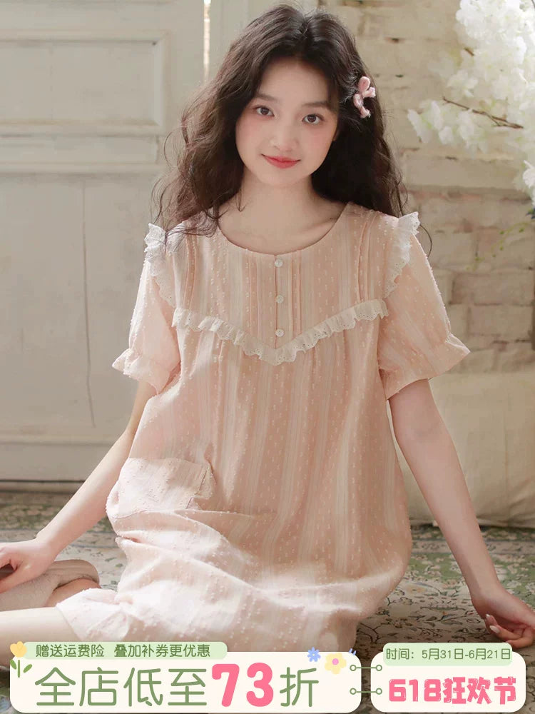 Qadınlar üçün gecəlik yay şahzadə üslubunda qısaqol 2026 yay yeni pijama təmiz pambıq doka şirin girly pambıq ev paltarı