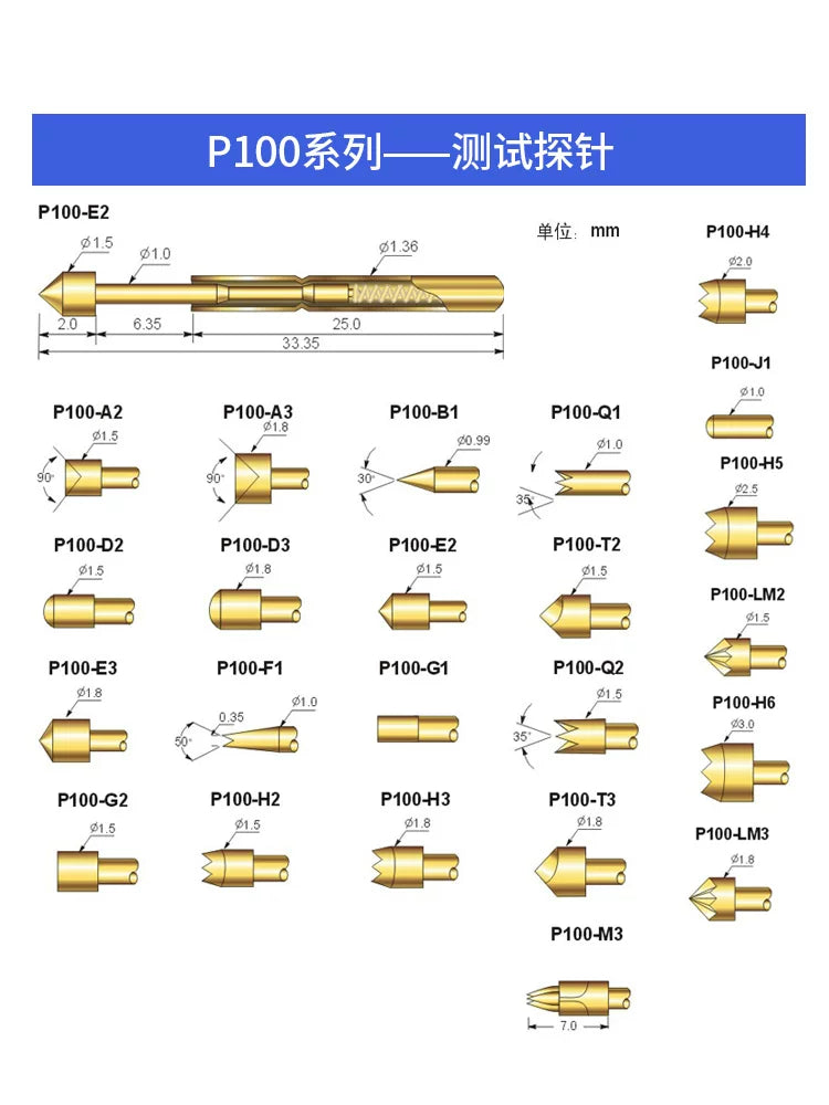 Probe P100 R100 sınaq pin pcb dövrə lövhəsi yanan çip geri çəkilə bilən yaylı yüksük