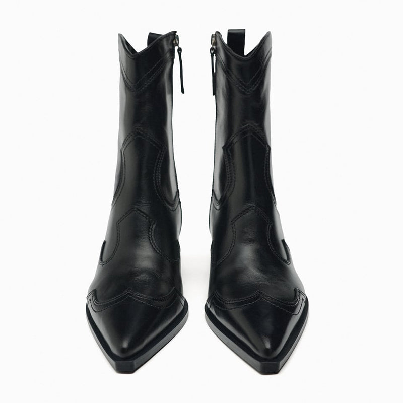 ZA2025 Yeni Orijinal Dəri Hündürdaban Qərb Kovboy Çəkmələri Retro Uclu Barmaqla İşlənmiş Hündürdaban Ayaq Biləyi Çəkmələri Qalın Dabanlı Martin Çəkmələri Qadınlar üçün