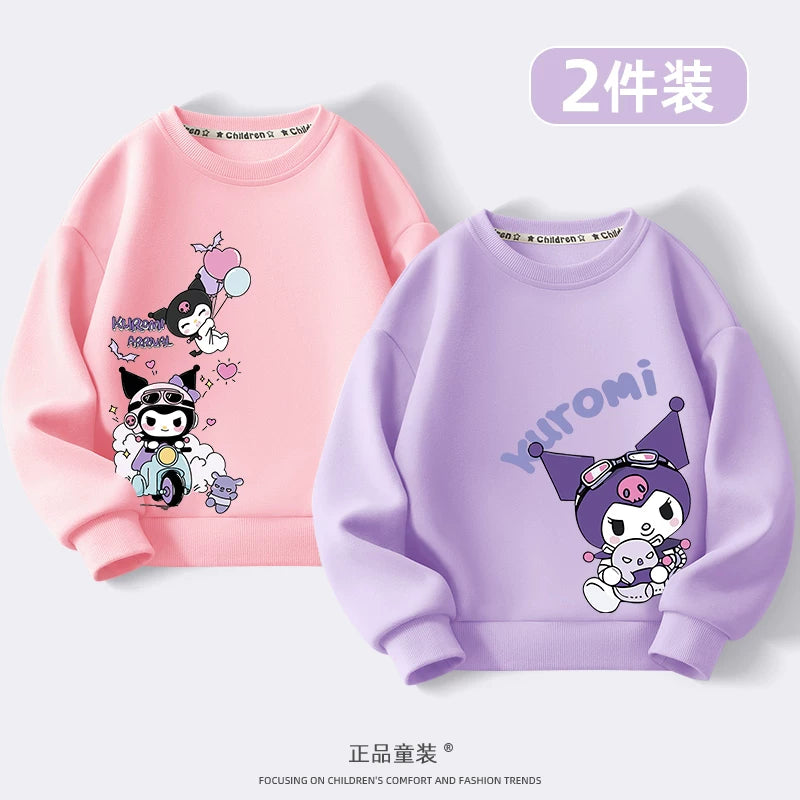 Kuromi Qızlar üçün Sweatshirt Payız/Qış 2024 Yeni Model Dəbli, Yun Astarlı Kürək Yaxalı Top Qızlar və Böyük Uşaqlar üçün