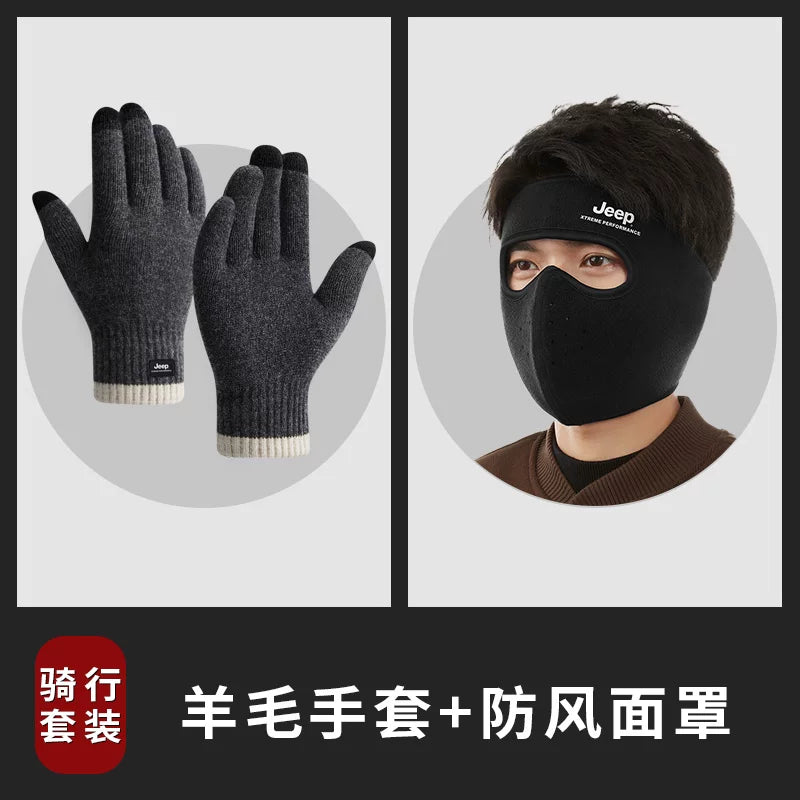 Kişilər üçün Jeep yun qarışığı əlcəkləri, qış üçün daha qalın və isti, toxunma ekranı ilə uyğun, velosiped sürmək üçün küləkdən qoruyur.